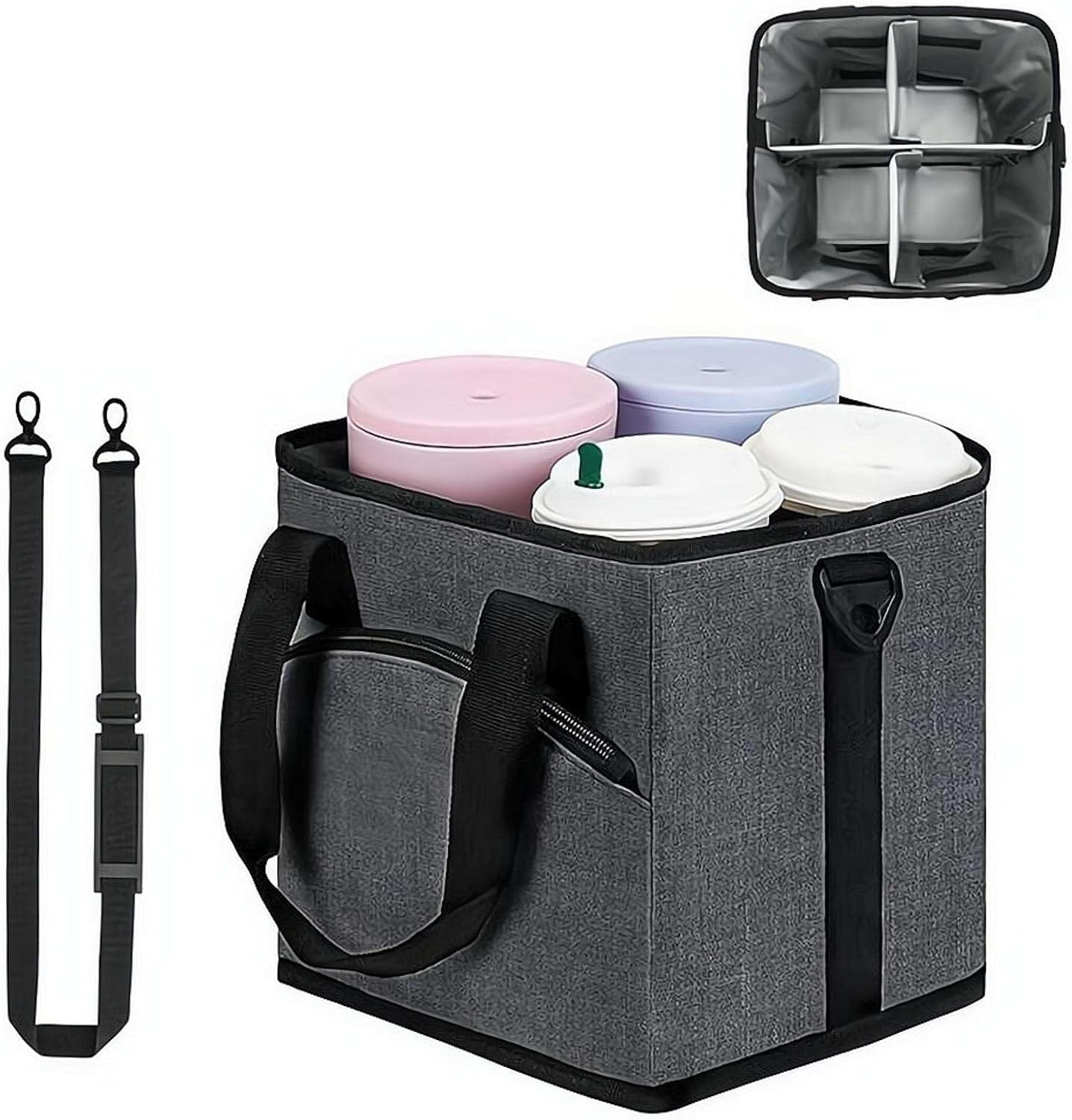 4 Compartment Insulated Drink Carrier Holder Bag, Multiple Tumbler Caddy, Leak-Proof Water Bottle Holder with Adjustable Strap&Dividers, Portable Foldable Drink Caddy Tote For Coffee, Travel, Outings