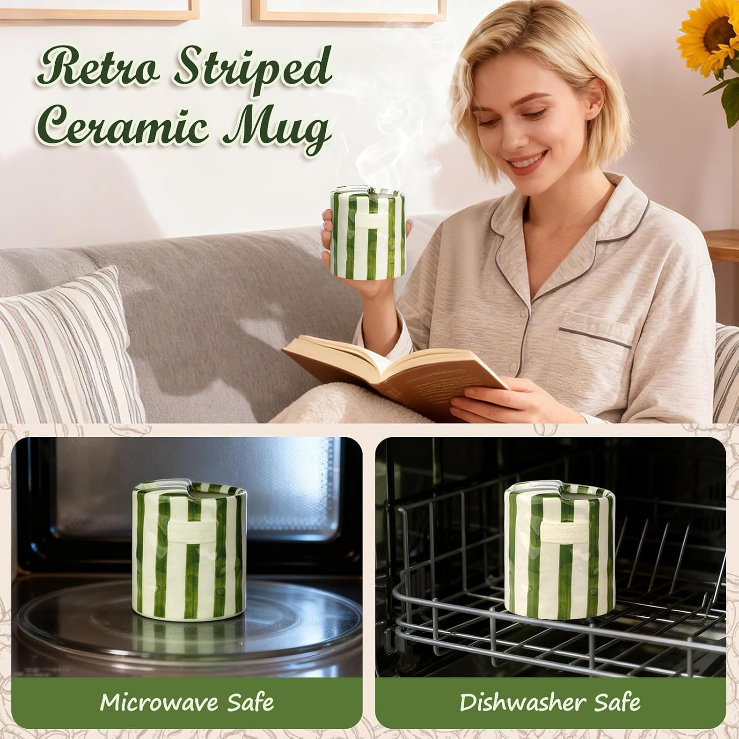 Novelty Ceramic Coffee Mug with Sip Hole, Retro Striped Hand-Painted Design | 10oz Cute Espresso Cup, Microwave & Dishwasher Safe, Non-slip, Ideal for Travel, Home & Office, Gift for Coffee Lovers