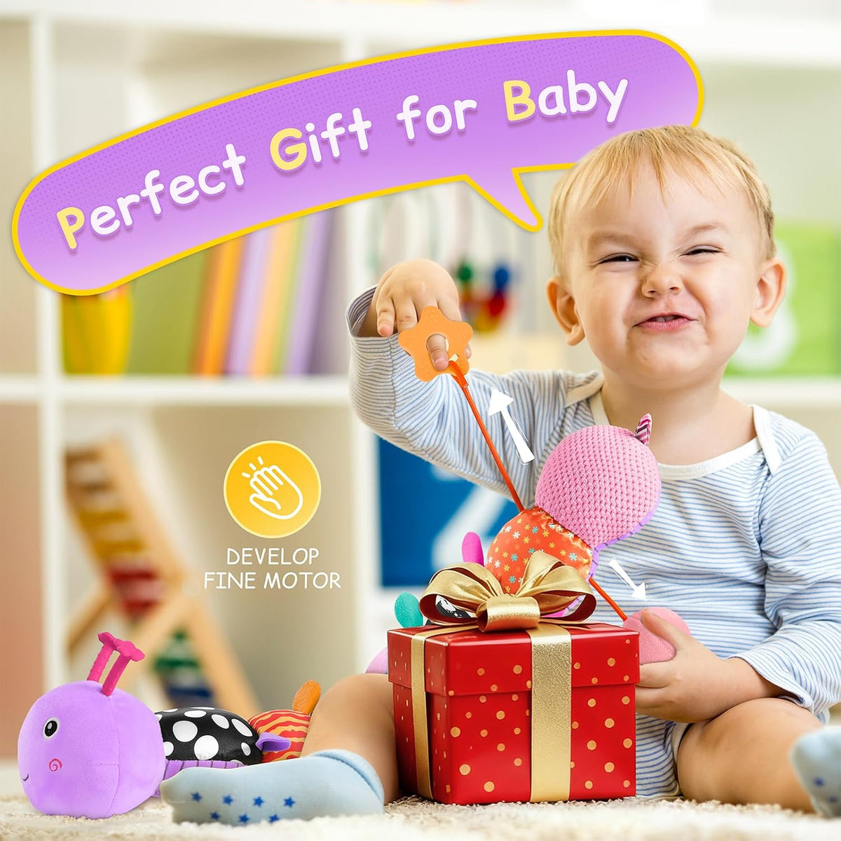 Baby Sensory Musical Caterpillar Plush Toy, Soft Stuffed Animal with Mirror Crinkle Paper Rattle Teether, Tummy Time Play Toy for 0-12 Months Newborn Infant, Baby Shower Gift for Boys Girls, Pink