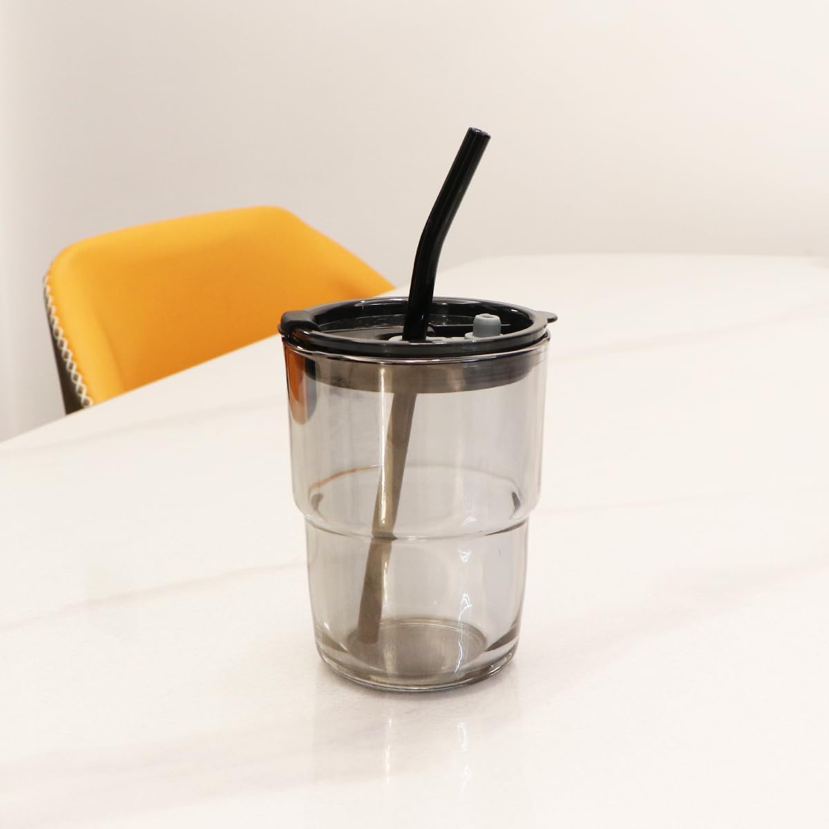 15oz/450ml Glass Cups with Lids and Straws, Leak-Proof Thick Wall Tumbler Water Glass, Reusable Iced Coffee Cups for Cold & Hot Drinks, Coffee, Tea, Shake (Grey)