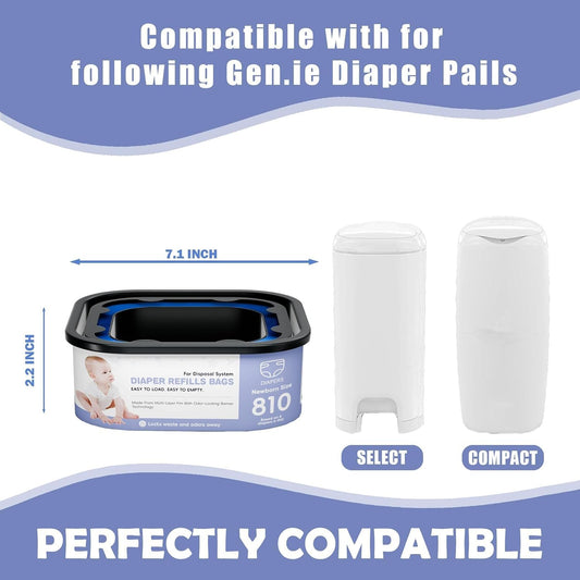 Square Refills Disposal Bags Refill Compatible With For Diaper Gen.ie Compact, Select (Not Fit Classic Version Pails), Hold Up to 810 Newborn-Sized Diapers Per Refill (4 Packs)