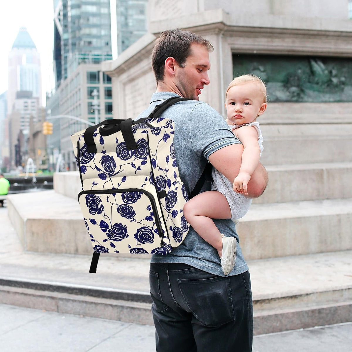 Diaper Bag Backpack, Multifunction Travel Bag for Moms Dads, Baby Changing Bag with Insulted Pockets, Stroller Straps and Side Bottle Pockets Navy Rose Pattern