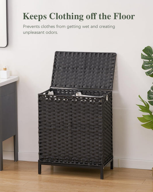 Laundry Hamper with Lid, 112 L Handwoven Rattan Wicker Laundry Basket, 2 Removable Liner Bags Metal Heightened Feet, 6 Mesh Bags, 2 Section Large Clothes Hamper for Bathroom Bedroom, Natural