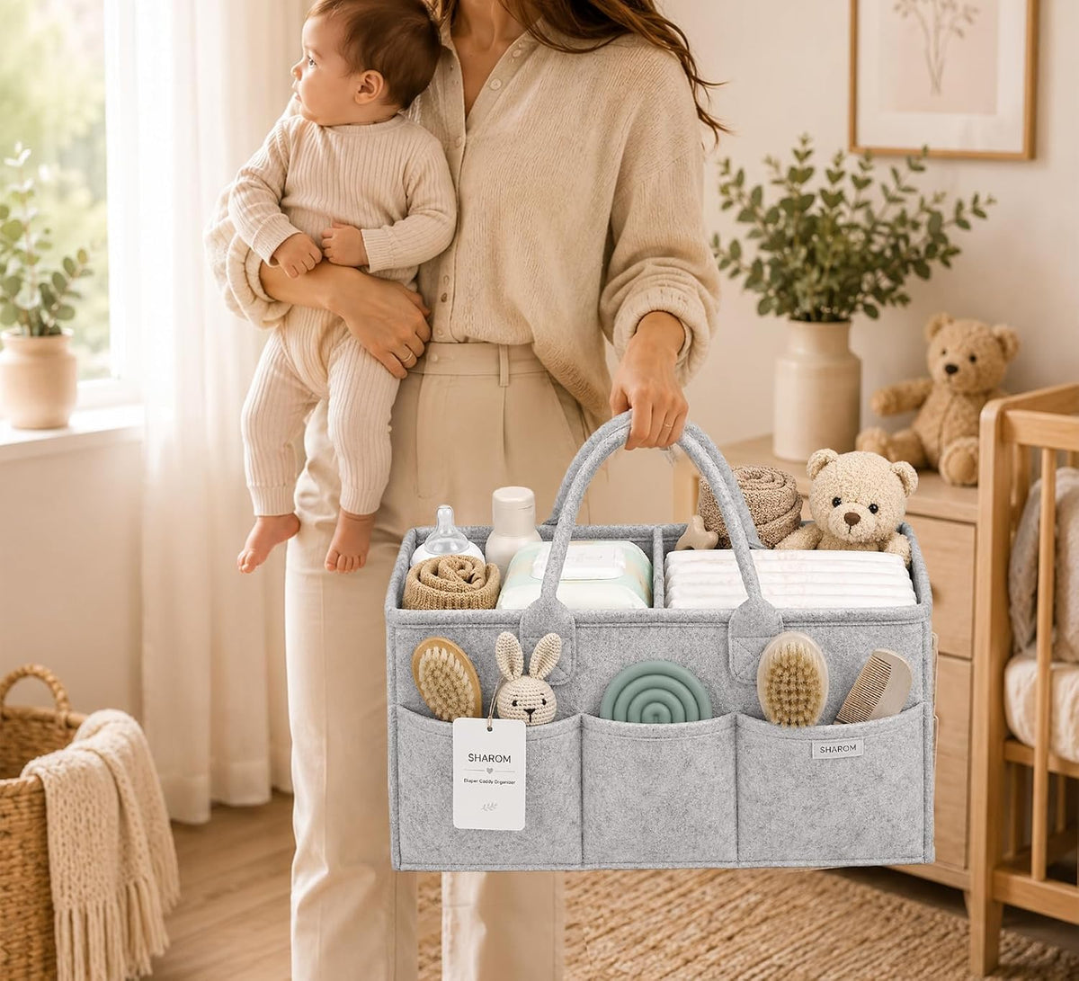 Diaper Caddy Organizer for Baby, Portable Diaper Caddy Basket, Felt Baby Diaper Caddy & Baby Caddy Organizer, Caddy for Baby Stuff, Diaper Organizer for Changing Table, Car & Nursery, Gray