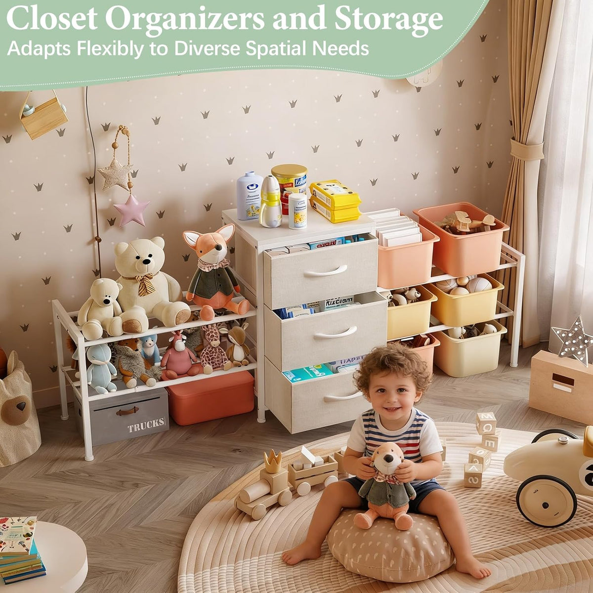 Expandable Closet Organizers and Storage, White Fabric Storage Dresser, 3 Drawer Dresser, Clothes Shelves for Kids, Purse Organizer Small Shoe Rack for Closet Bedroom(31.29~43.42 in)