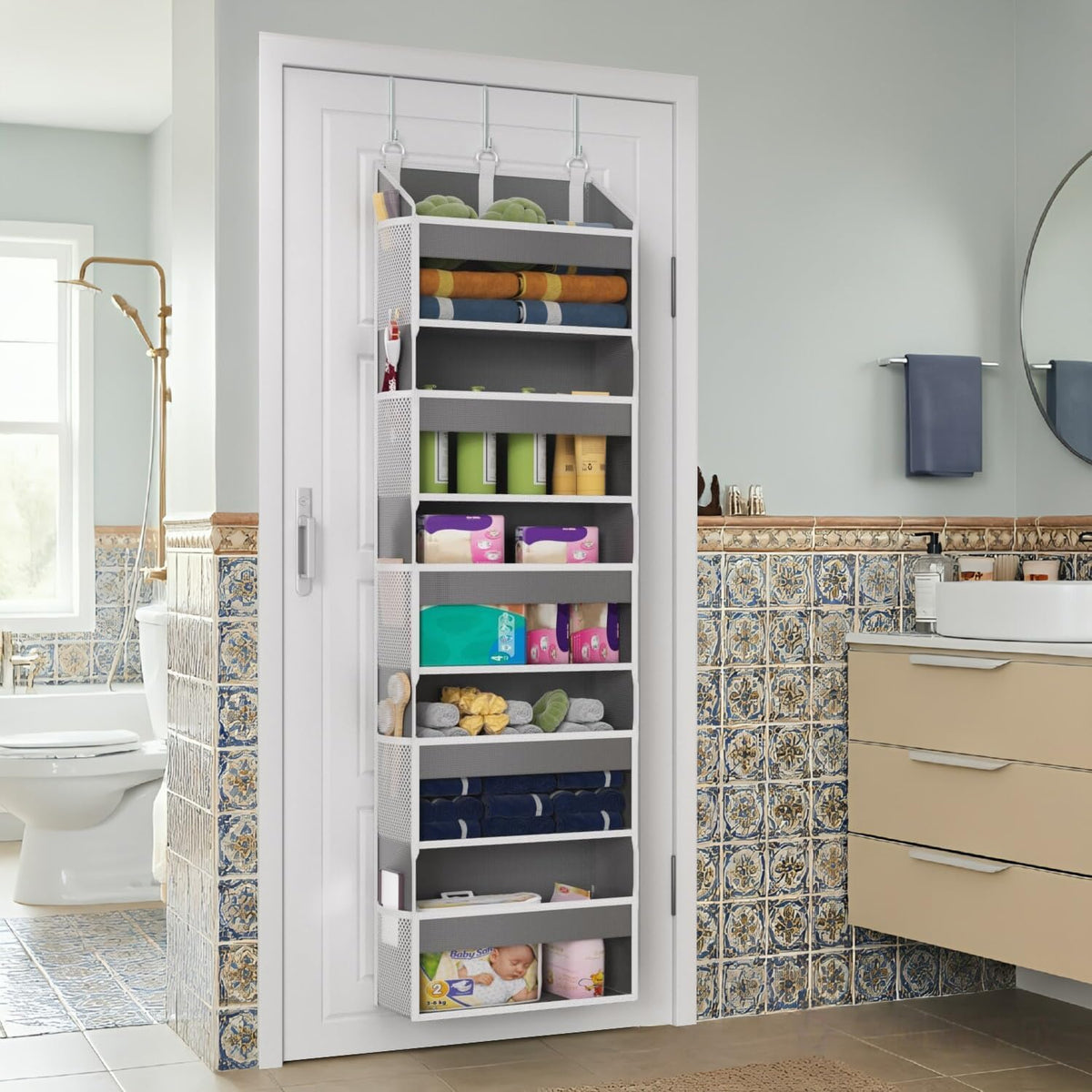 Over the Door Organizer with 5 Front & 10 MeshSide Pockets,Heavy Duty Hanging Storage Organizer 50LB Capacity Nursery & Bathroom Multi-Room Space-Saving Design with 3 Hook for Kitchen, Pantry,Grey