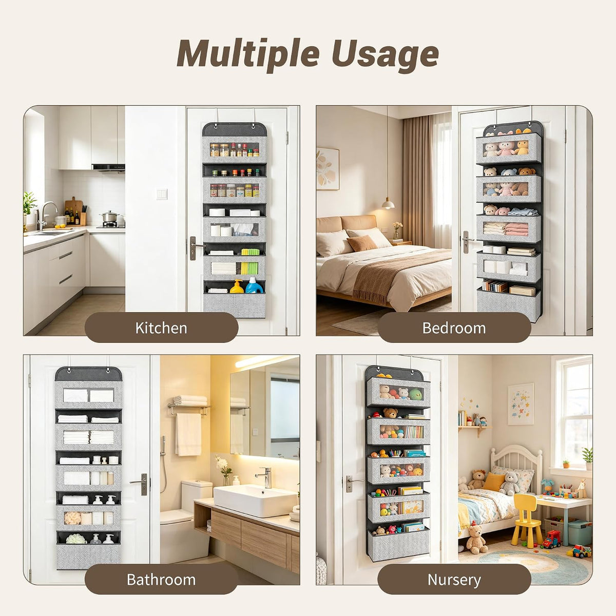 Narrow Over The Door Organizer, 5 Large Pockets Fabric Storage, 12" Wide