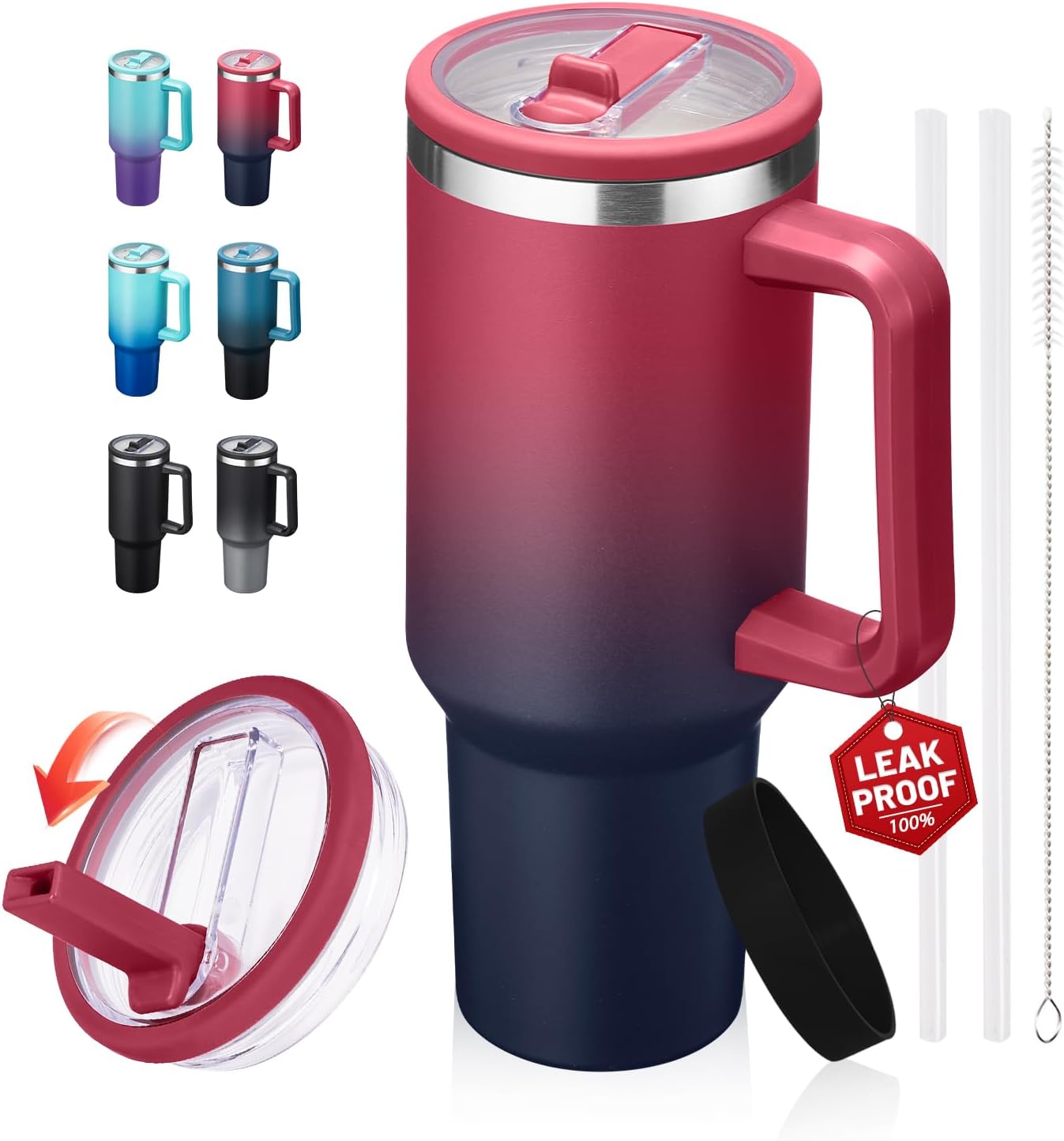 40 oz Leak-Proof Travel Tumbler with Handle & Flip Straw - Insulated Stainless Steel Mug Keeps Drinks Cold 34 Hours & Hot 10 Hours, Water Bottle Fits Car Cup Holder for All-Day Hydration at Work, Gym