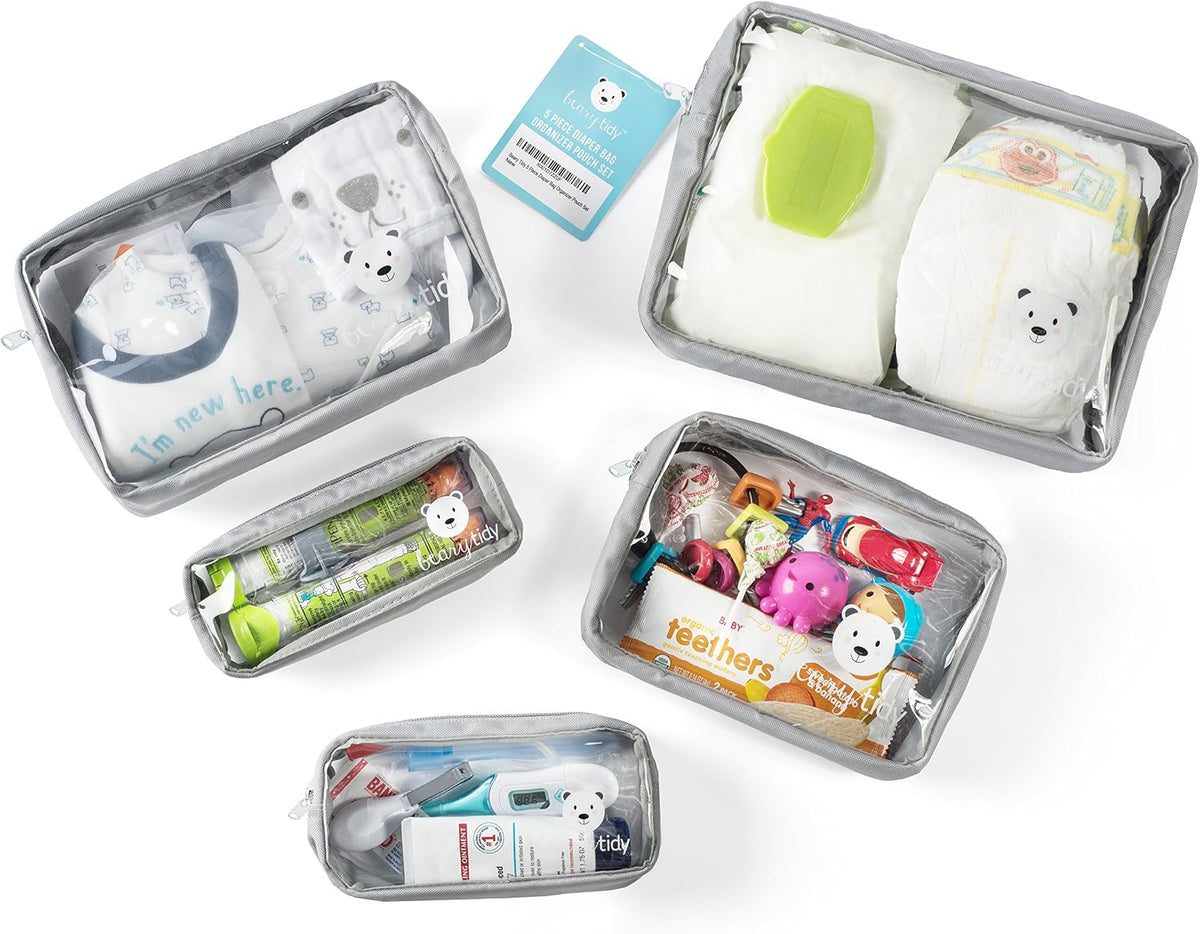 5 Piece Diaper Bag Organizer Pouch Set, Clear with Zippers and Nestable
