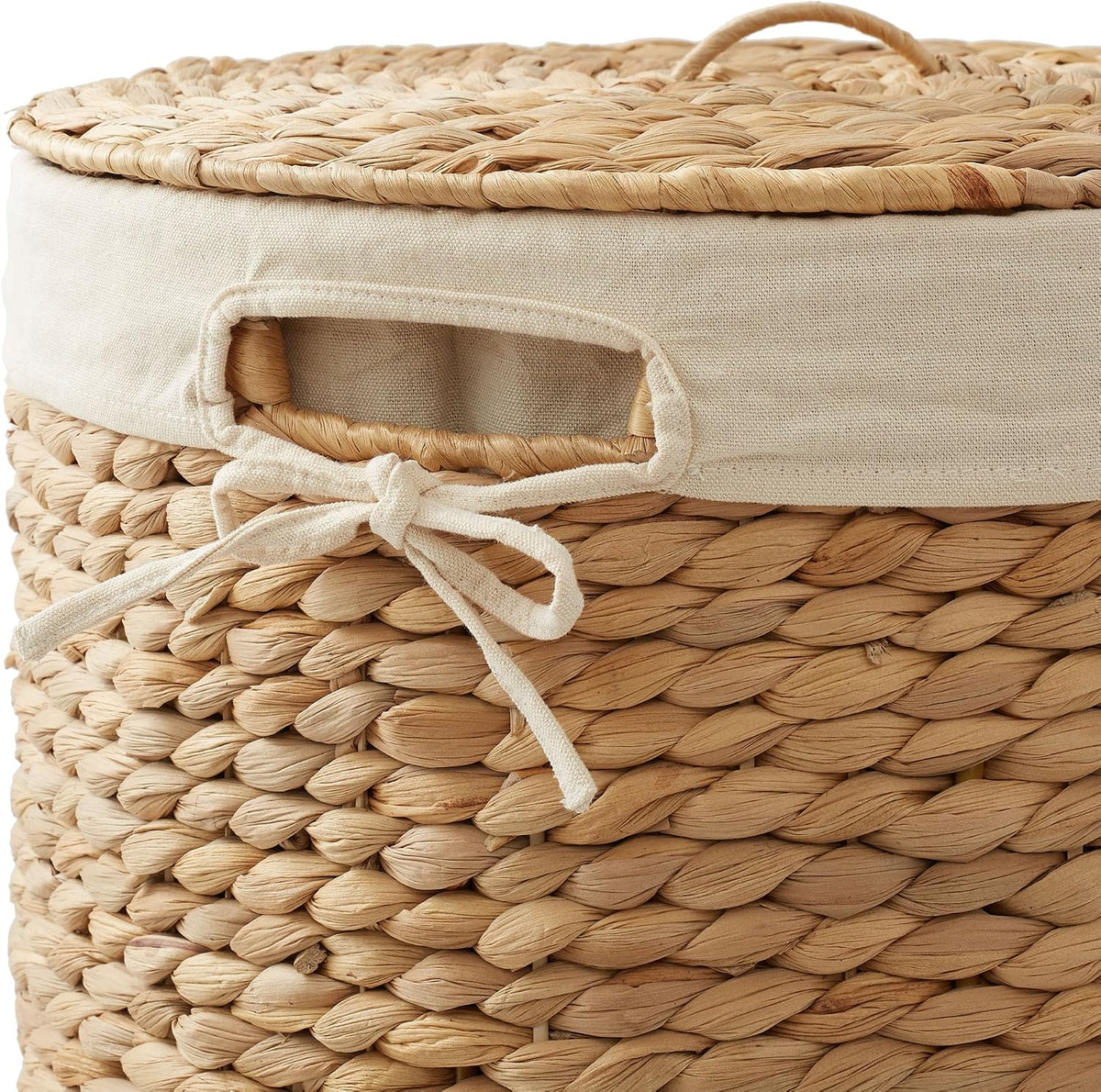 Round Laundry Hamper with Lid and Removable Liner Bag - Natural, Woven Water Hyacinth Wicker Laundry Basket for Clothes and Towels