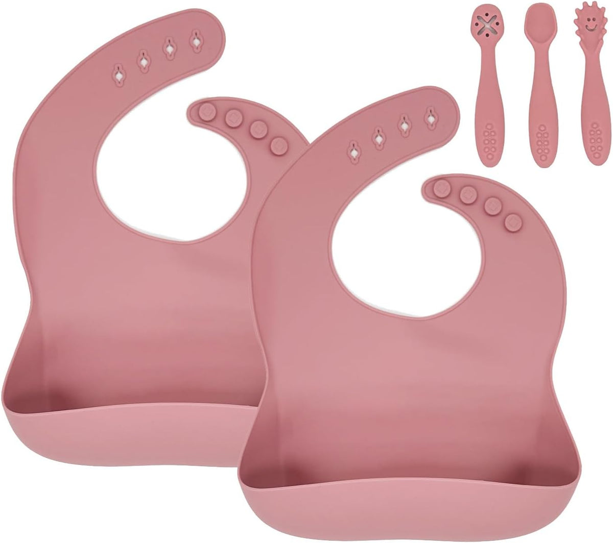 Silicone Baby Bibs 2 pcs with Silicone Baby Spoons Self Feeding Waterproof, Soft