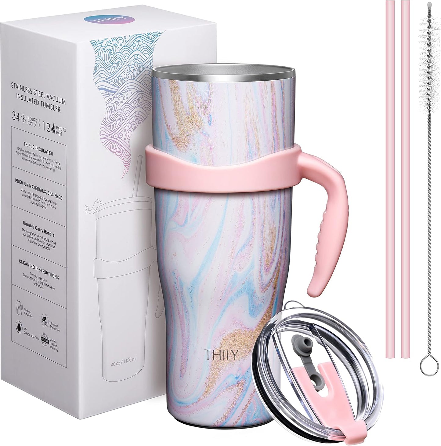 40 oz Stainless Steel Tumbler with Handle - Vacuum Insulated Travel Cup, Splash-Proof & Leakproof Lid, 2 Straws & Brush | Keeps Cold 34H/Hot 12H, Cupholder Friendly, Coastal Breeze