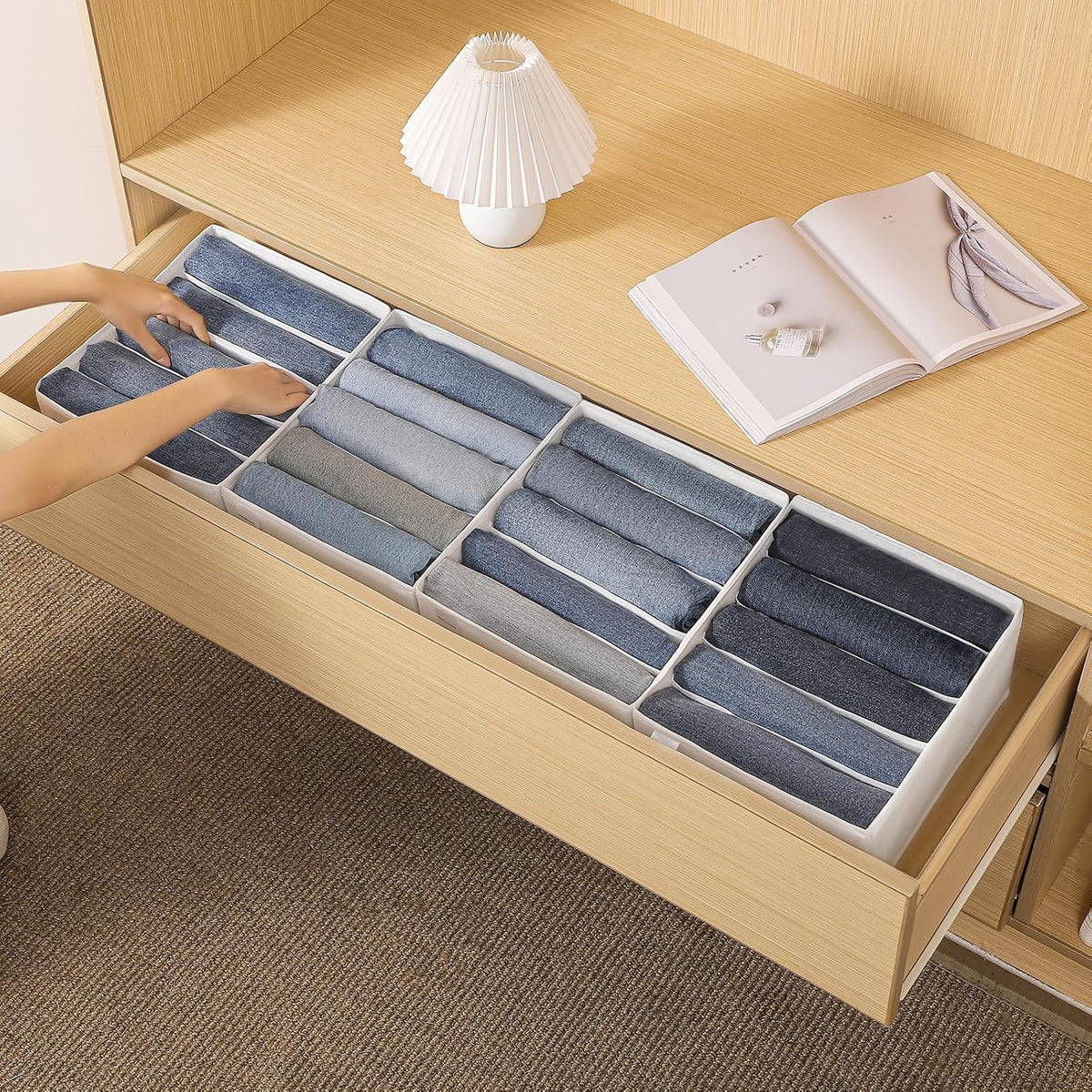 Jeans Drawer Organizers for Clothing, 5 Compartment Wardrobe Storage Box, Washable Clothes Organizer for Folded Clothes, Jeans, Pants, Leggings, t-shirts(Grey)