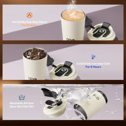 Insulated Travel Coffee Mug,Flat-White 6H Insulation Coffee Cup with Lid and Straw,13Oz Stainless Steel Leakproof & Spill-Proof Tumbler for Hot and Cold Water