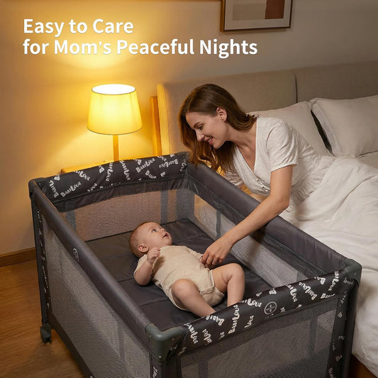 Pack and Play Baby Bassinet, Portable Baby Crib with Wheels, Grey