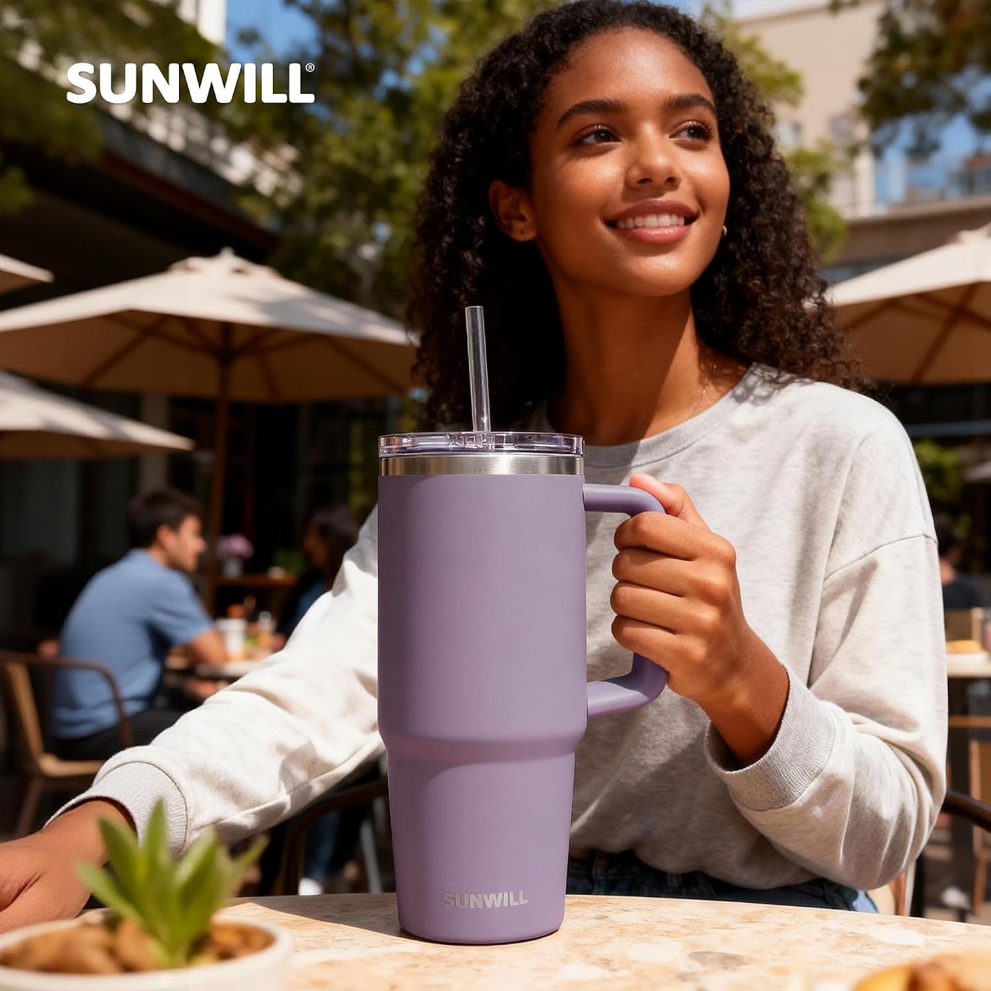 Insulated Coffee Tumbler with Handle, 30oz Stainless Steel Travel Mug with Straw, Spill Resistant Lid, Cup Holder Friendly, Powder Coated Muted Violet