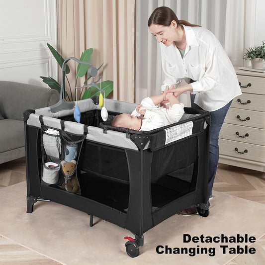 Pack n Play,Baby Bassinet,Playpen,Crib, Diaper Changer,Black