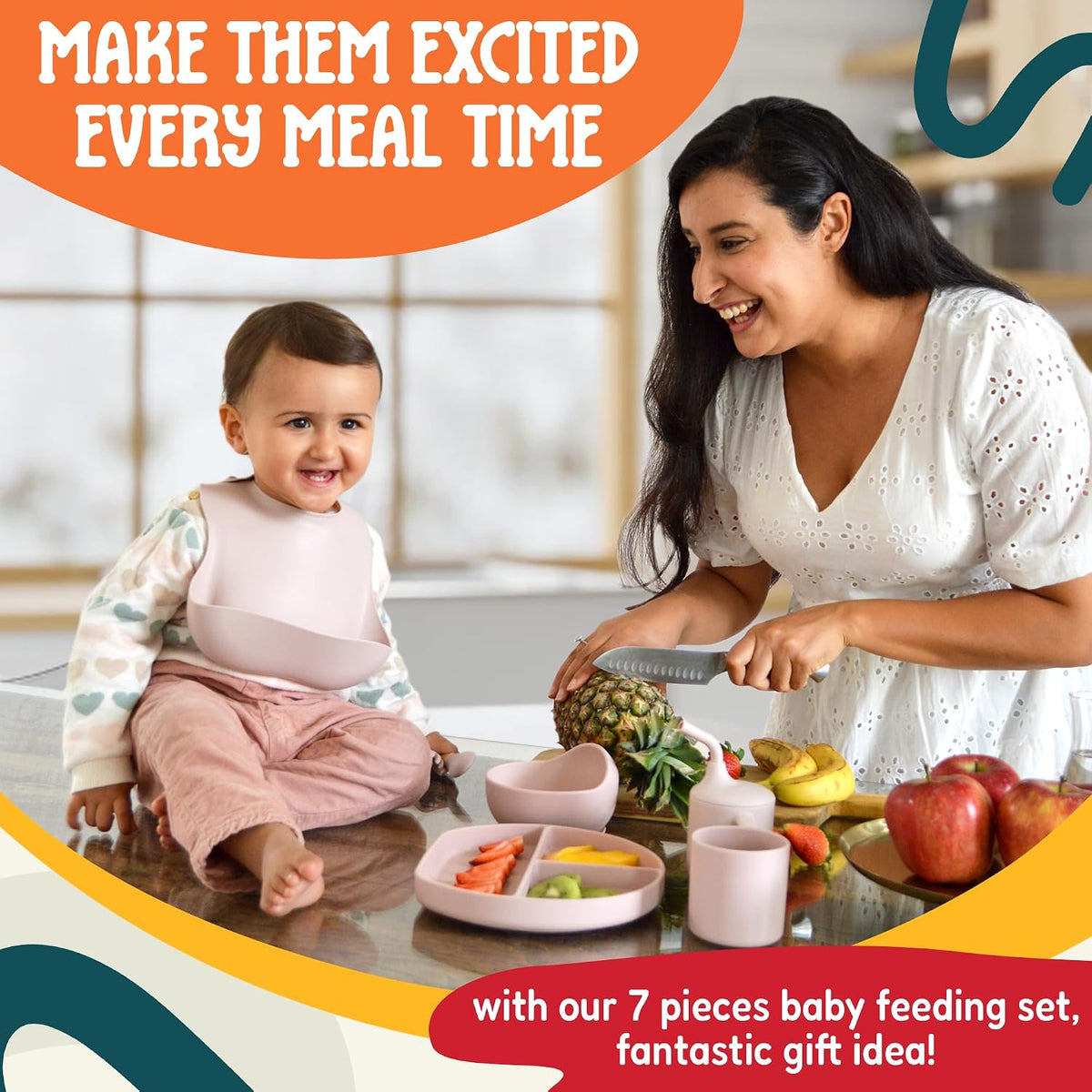 Tygo Silicone Baby Feeding Set – Complete Self-Feeding Set with Suction Plate, Spill-Proof Bib, Wooden Spoon & Fork, Leak-Proof Cups – Encourage Independence, Healthy Eating in Infants and Toddlers