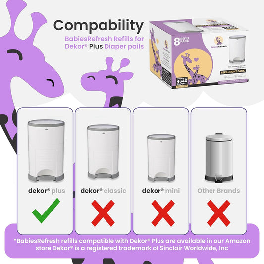 Refills Compatible with DEKOR PLUS Diaper Pail Refills | 8 Pack | Diaper Pail Odor Eliminator| Fresh Powder Scent | Each Diaper Bag Refill Holds up to 4640 Diapers | Diaper bin refill