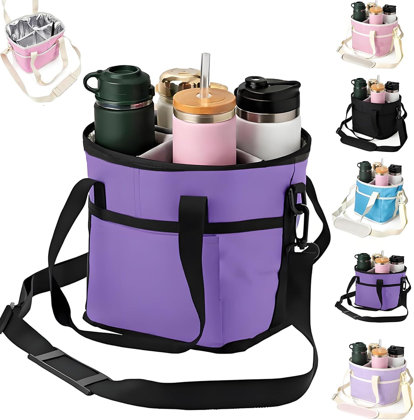 Drink Carrier Bag for 4 Cups, Insulated Drink Carrier with 4 Compartments, Portable Tumbler Holder with Adjustable Strap, Drink Caddy Tote for Coffee, Travel, Takeout & Outings (Black)