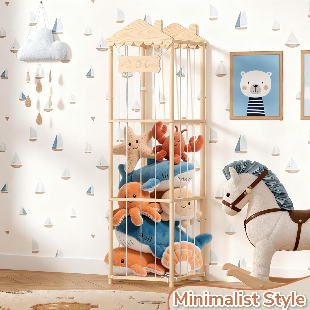 Stuffed Animal Storage, Wood Stuffed Animal Zoo Holder, Large Kids Toy Organizers, Plushies Storage for Boys Girls Bedroom, Playroom, Nursery (15.75 x 15.75 x 55 inch)