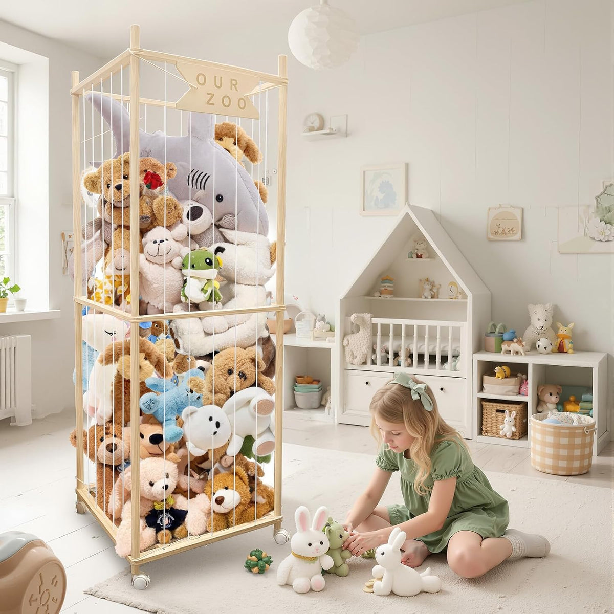 Stuffed Animal Storage Zoo with Wheels, Wooden Large Stuff Animals Plushies Holder Toy Organizer Kids Plush Storage Cage with Elastic Band and Net for Nursery Playroom Corner for Toddler (Hot Pink)