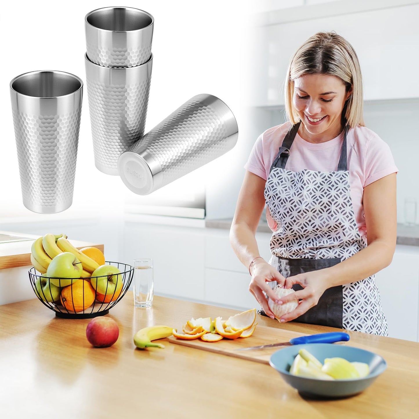 Stainless Steel Insulated Tumblers, 19 oz 4 Pack Stackable Water Tumblers, Double Wall Metal Cup, Diamond-Patterned