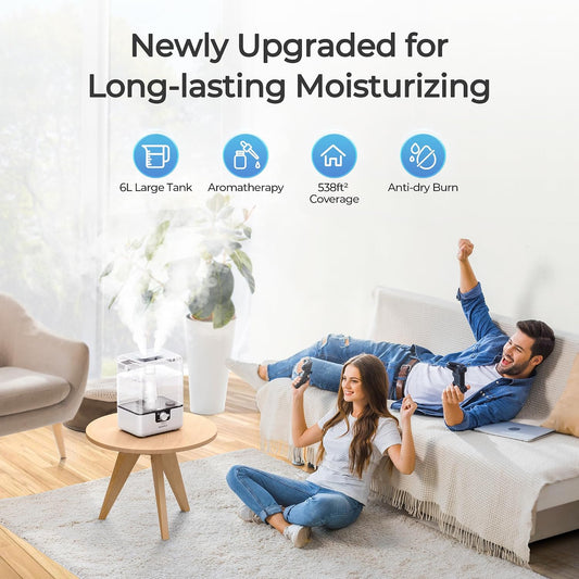 Humidifiers for Bedroom, 6L Cool Mist Humidifiers for Baby Nursery, 26dB Quiet, 50H Runtime, Top Fill Humidifier for Large Room, Home, Plants, Nightlight, Oil Diffuser 1 Pack White