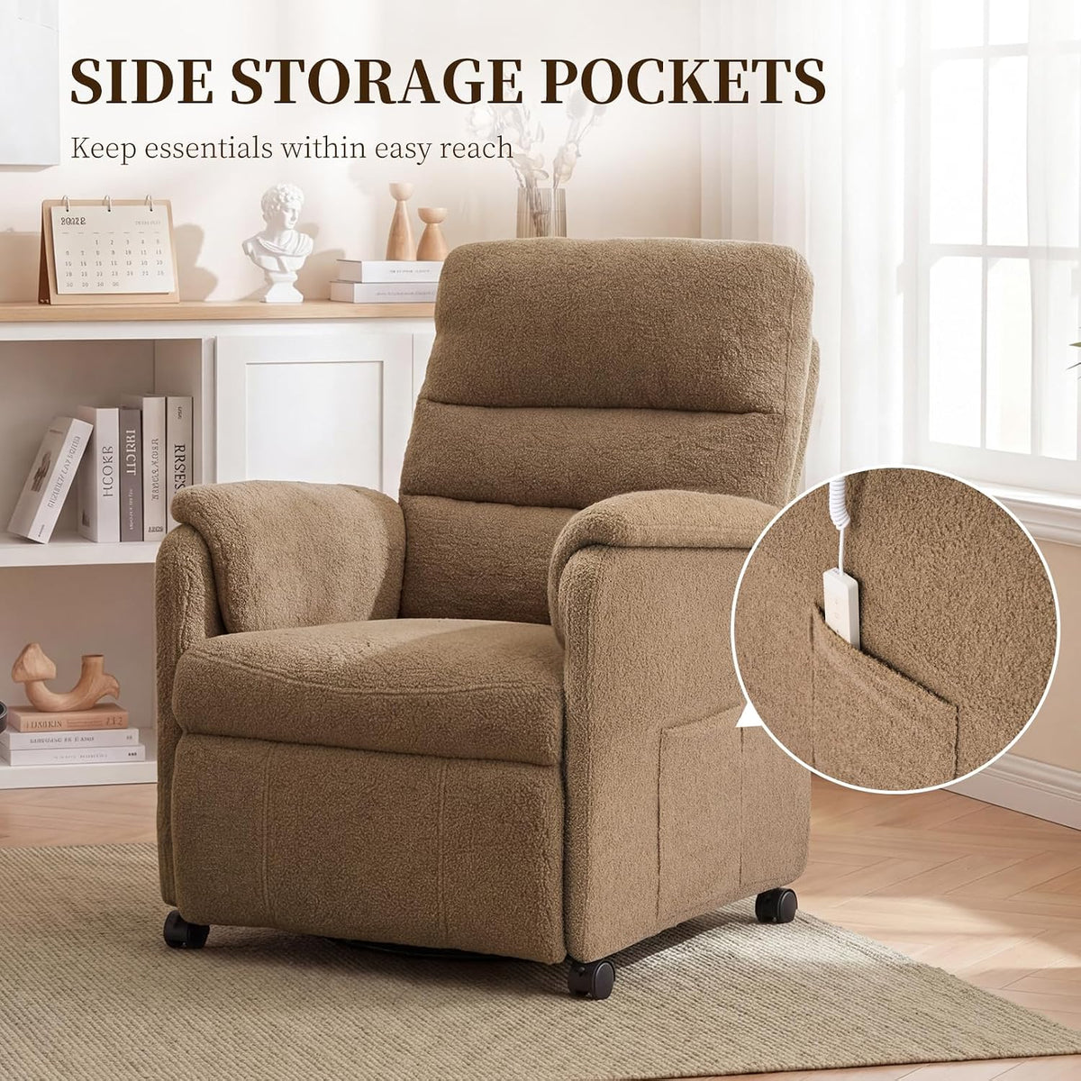Furnimart Power Recliner Chair with 360 Swivel Casters, Electric Reclining Chair for Adults, Small Recliners for Small Spaces, Nursery Chair with Padded Armrest, Side Pocket, Faux Fur, Beige