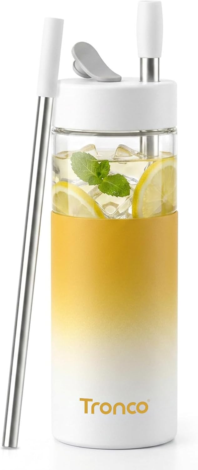 24 oz Glass Tumbler with Lid and Straws, Leakproof Iced Coffee Cups | BPA-Free, Borosilicate Glass Coffee Cups with Silicone Lids for Boba Tea, Smoothie, Office, Travel & Gifts, Dishwasher Safe