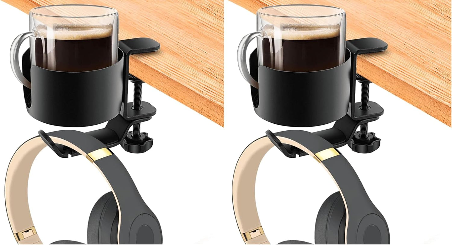 2 in 1 Desk Cup Holder with Headphone Hanger, Anti-Spill Cup Holder for Desk or Table, Easy to Install, Sturdy and Durable, Enough to Hold Coffee Mups, Water Bottles, Headphones