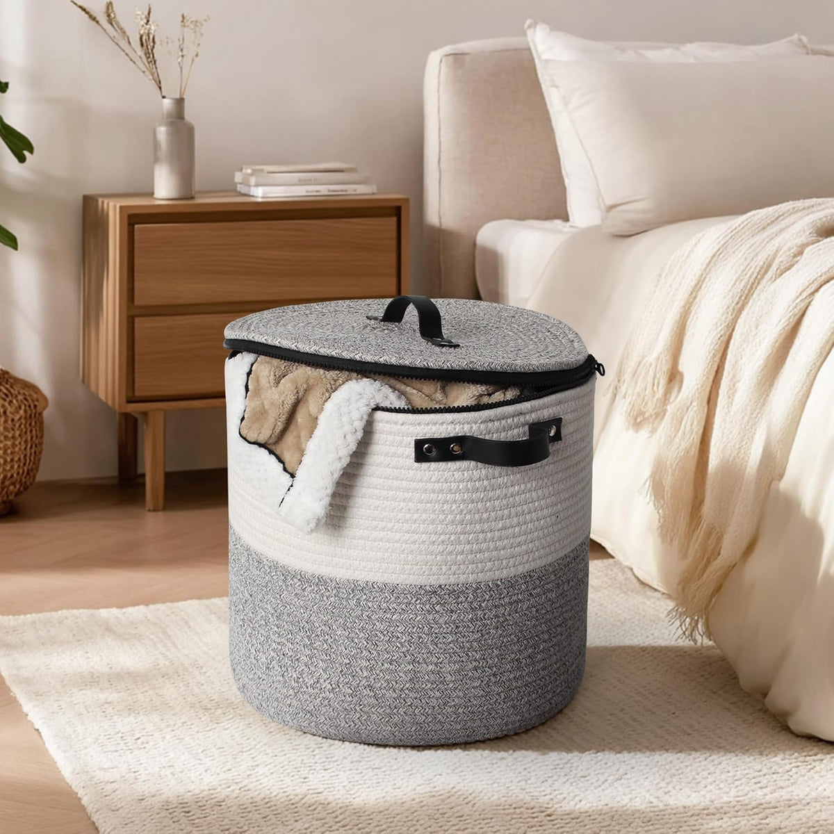 Storage Basket with Lid, 15"x13" Round Woven Blanket Storage for Living Room, Decorative Cotton Rope Hamper with Zipper Top, Wicker Basket with Lid, Floor Covered Kids Dog Toy Bin