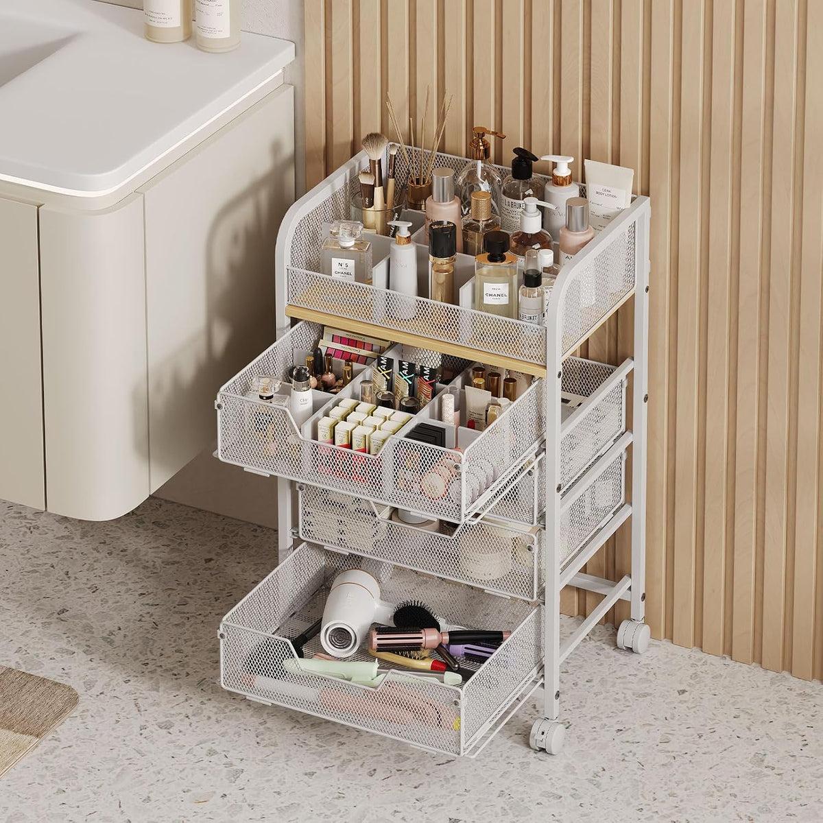 4-Tier Rolling Utility Cart with 3 Drawers-Craft Organizers and Storage with 360° Lockable Wheels,Art Supply Storage Organizer for Art Supplies, Store for Brushes & Paints & Artifacts Patent Pending