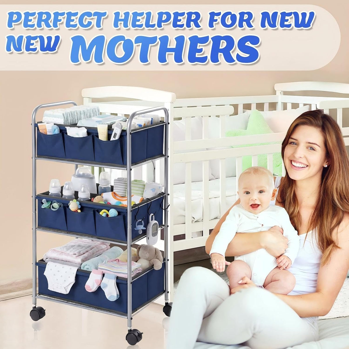 WILLBOND 3 Tier Blue Baby Diaper Caddy Organizer Cart with 4+3 Dividers Large Capacity Metal Utility Bedside Rolling Cart Newborn Registry Nursery Essential Must Have Crib Bedroom Baby Shower