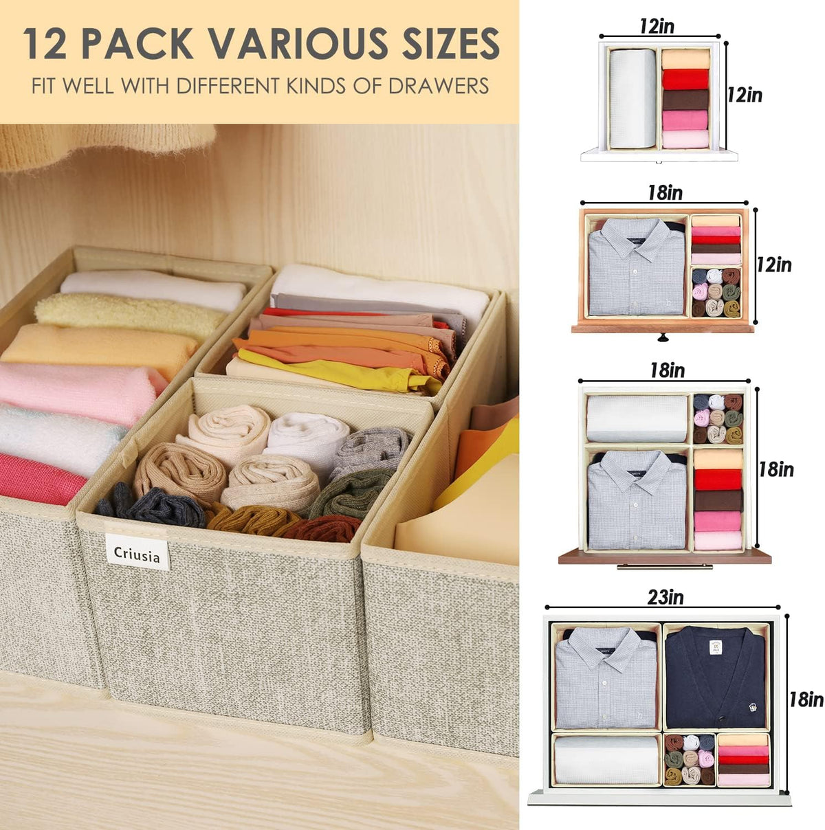 Drawer Organizers for Clothing, Foldable Clothes Storage Box Closet Dresser Drawer Organizers Dividers, Bedroom Organization Fabric Bins for Baby Clothes Underwear Sock Bra Ties (Beige)