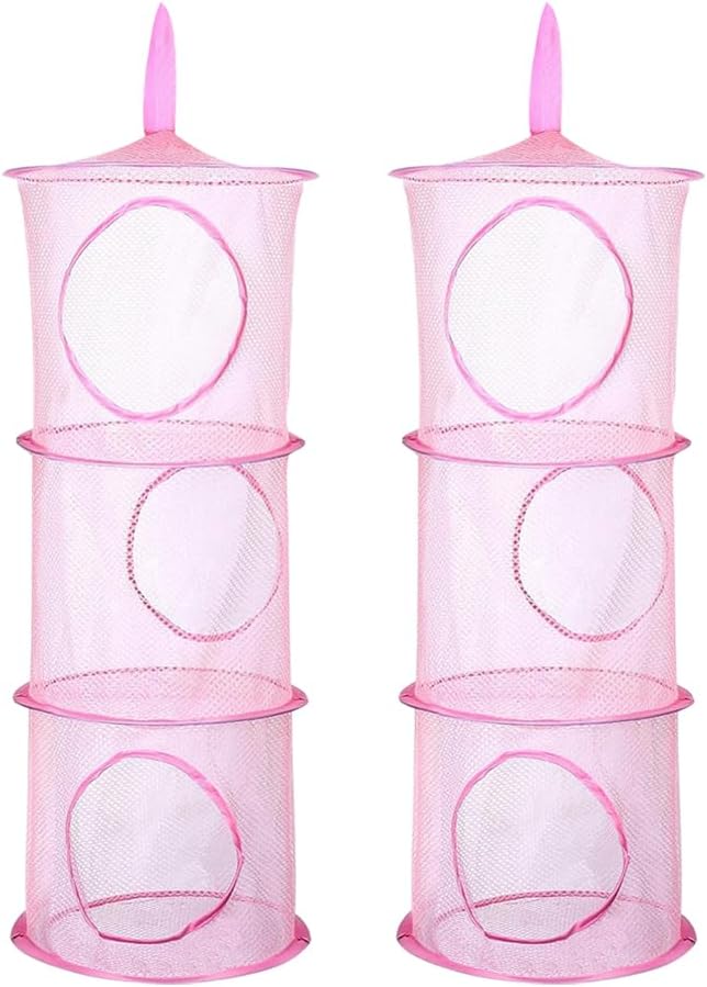 2 Pcs Toy Storage Hanging Mesh 3 Compartment Organizer Net Stuffed Animal Hammock Foldable Organizing Baskets Clothes Hanger Organizer Bag for Room Bathroom Closet Green