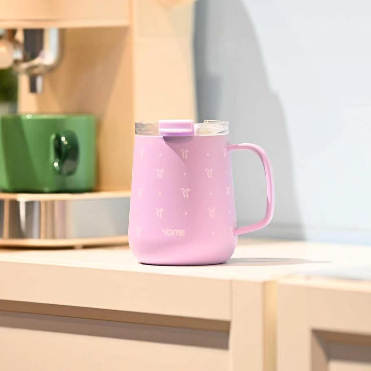 YOME 10oz Elegant Bow Pink Insulated Coffee Mug with Handle for Women | Ceramic Lined Coffee Mug with Splash-Resistant Lid| Pure Taste Stainless Steel Coffee Cup | Easy to Clean | Keeps Drinks Cold