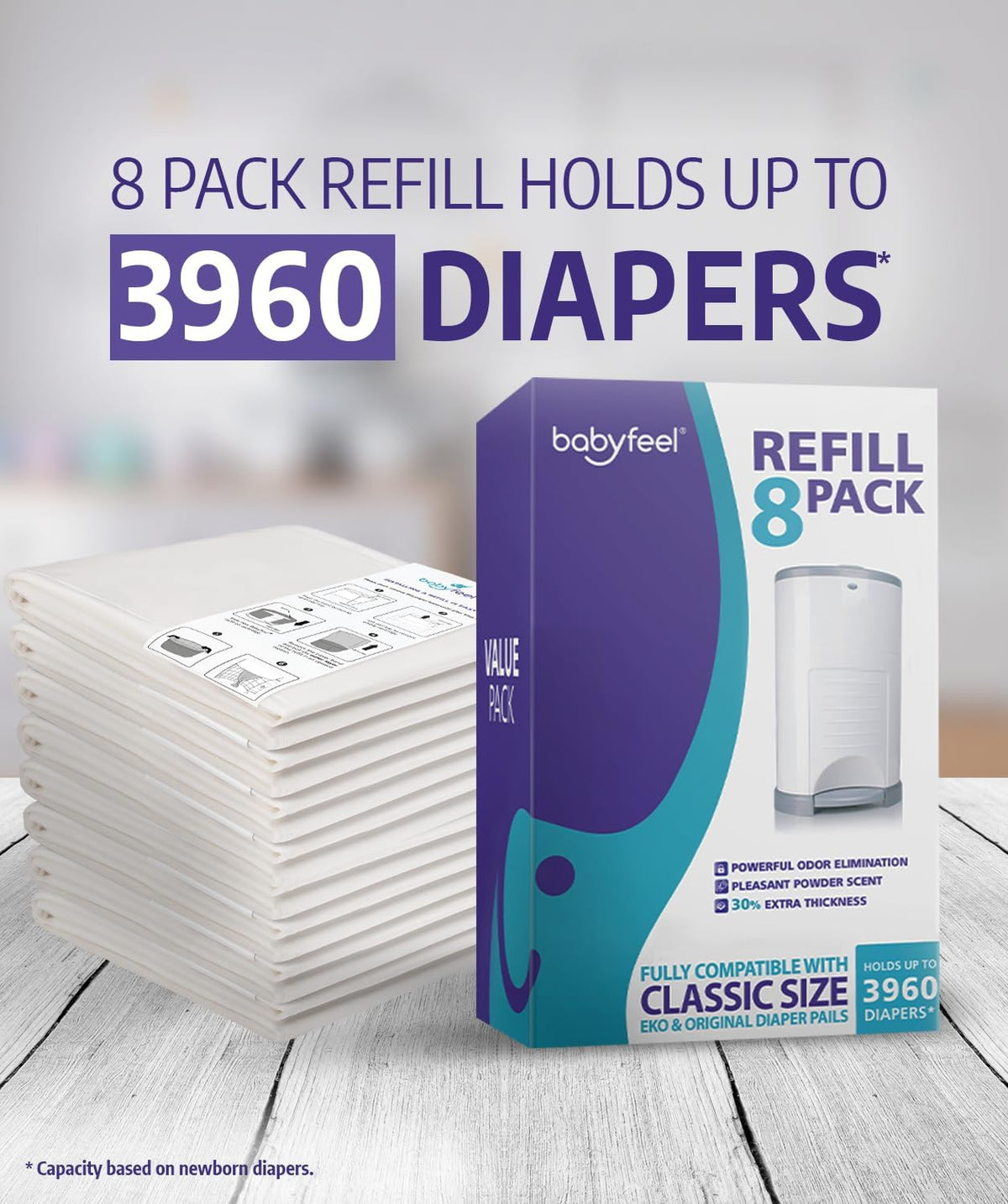 Refill Bags Compatible with DEKOR CLASSIC Diaper Pails, 4 Pack
