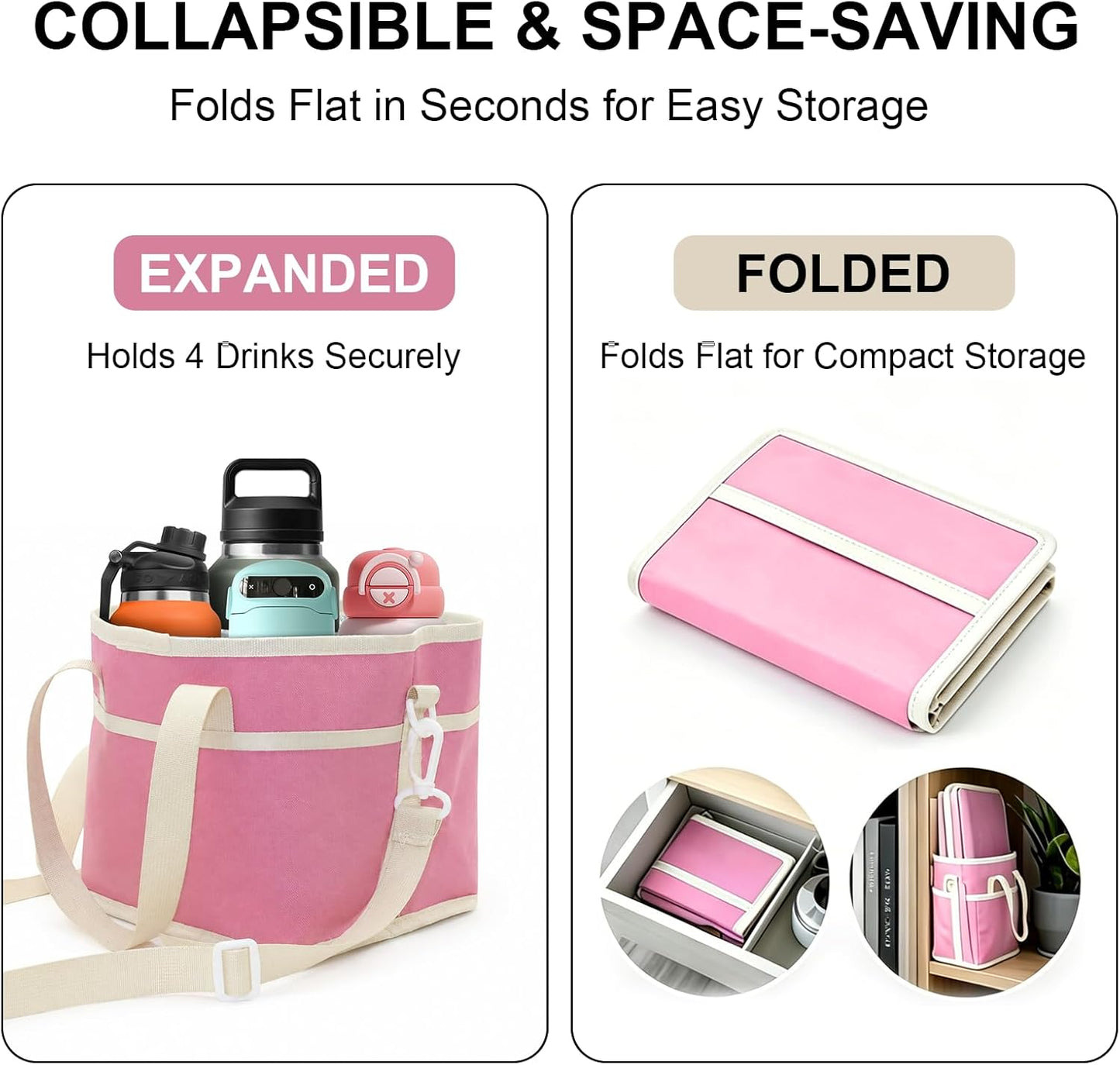 Pink 4 Compartment Drink Bag – Insulated Drink Carrier Bag with Adjustable Strap, Family Size Drink Holder Bag for Multiple Tumblers, Coffee, Travel, Picnics & Daily Outings (Includes Cup Brush)