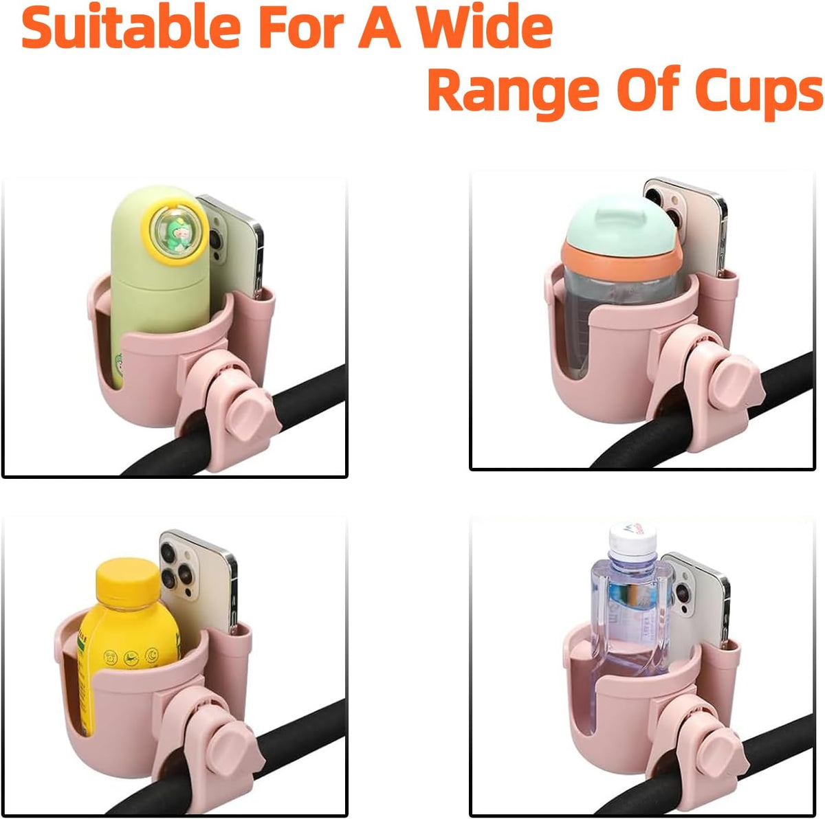 Stroller Cup Holder with Phone Holder, Baby's Feeding Bottle Holder,Upgraded Universal Cup Holder,Bike 2-in-1 Cup Phone Holder for Stroller, Bike, Wheelchair, Walker, Scooter Pink