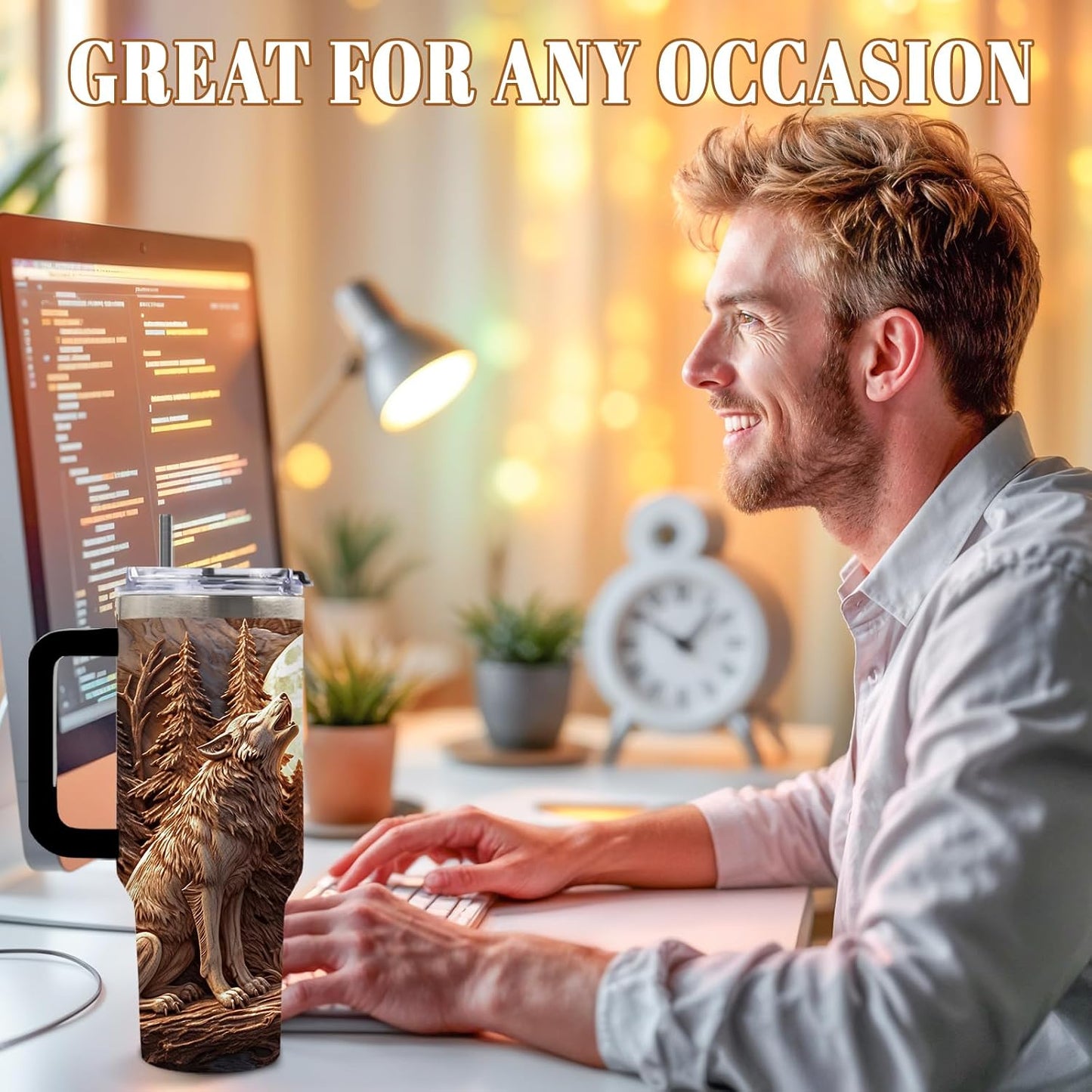 Wolf Tumbler 40oz, Insulated Wolf Cup Gifts for Man | Wolves Tumbler with Pine Trees Leakproof, Animal Print Water Bottle for Dad, Fathers Day Ideal Gifts for Wolf Lovers, 1 Pack