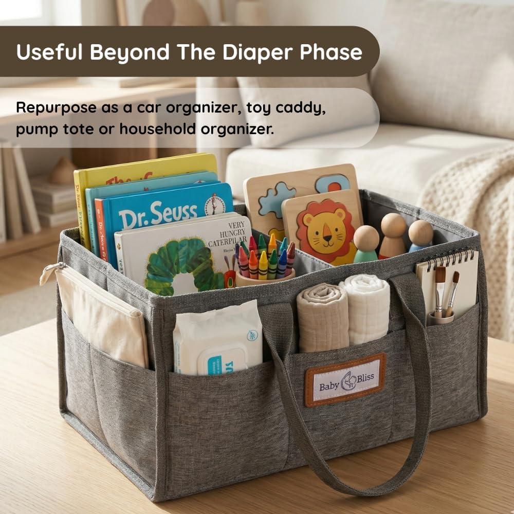 Polyester Diaper Caddy Organizer - Portable Wipe-Clean Nursery Storage Basket with Pockets and Dividers for Diapers, Wipes and Baby Essentials - For Nursery, Living Room and Car
