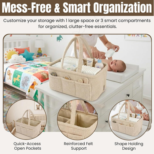 Baby Diaper Caddy Organizer - Soft Beige Sherpa Diaper Storage Bag | Nursery Organizer with 3 Removable Compartments & 6 Side Pockets - Portable Baby Organizer for Diapers,Wipes & Essentials