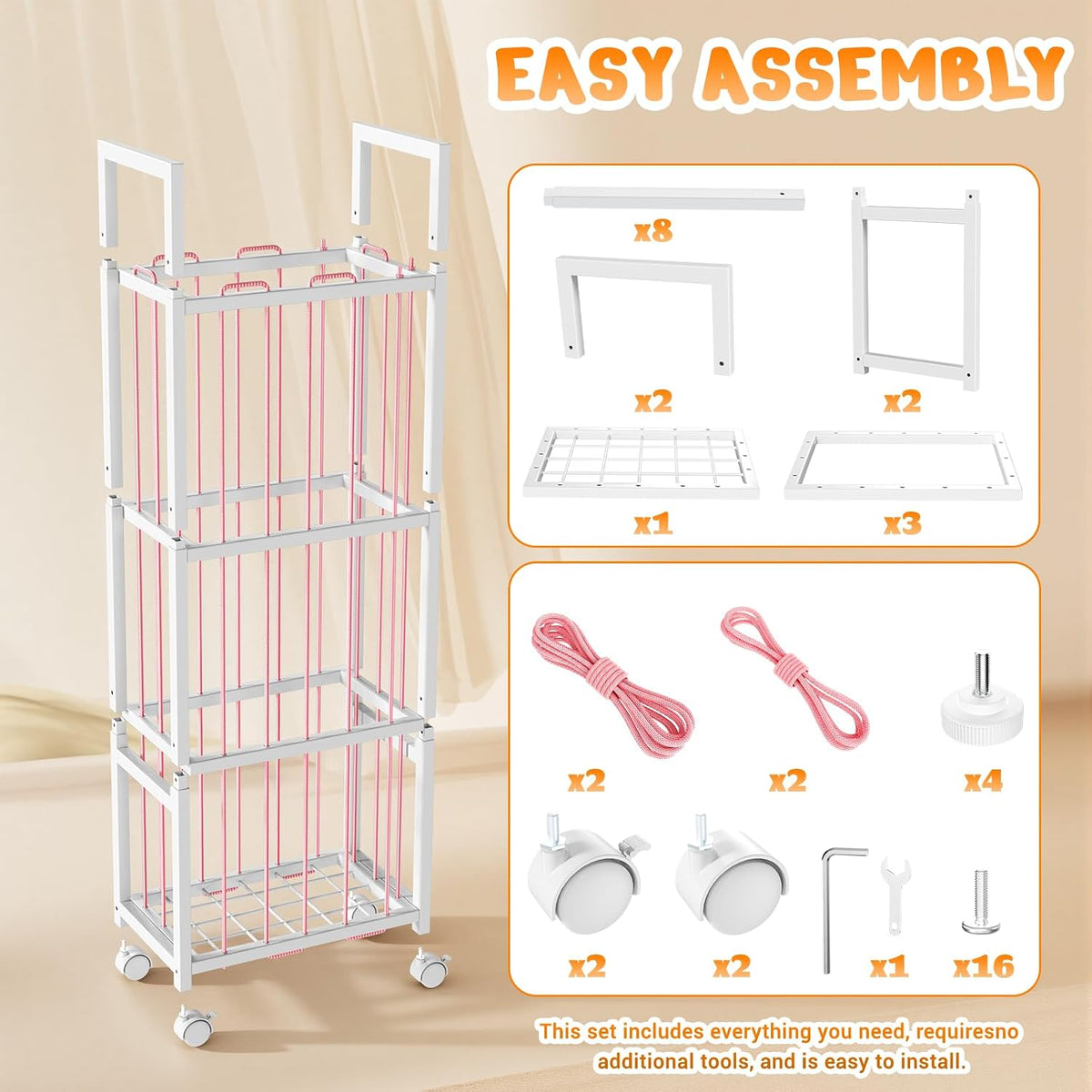 Stuffed Animal Storage, Metal Stuffed Animal Holder with Wheels & Elastic Cords, Space Save Toy Organizer, Large Capacity Stuffed Animal Zoo for Playroom, Bedroom, Nursery (54" Pink)