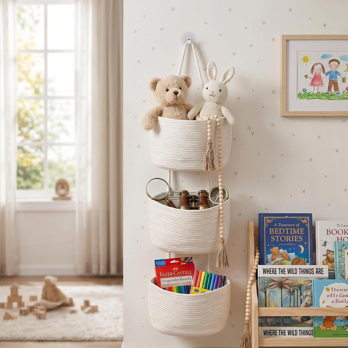Wall Hanging Rope Baskets 3-Tier Boho Organizers (White & White)
