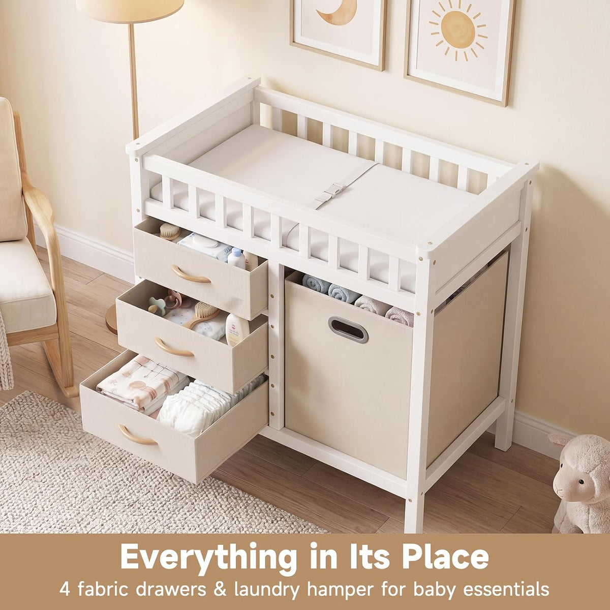 Wooden Baby Changing Table with Comfy Changing Pad, 3 Fabric Drawers, Laundry Hamper, Safety Belt, Diaper Station Dresser for Nursery Infant (White)