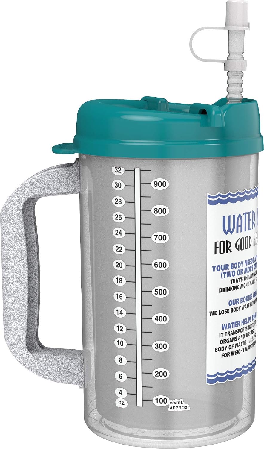 32 oz Travel Mug – Teal Water is Essential Hospital Mug – Double Wall Insulated, Large Handle – BPA-Free, Leak-Resistant – Includes Lid and Straw – Made in USA