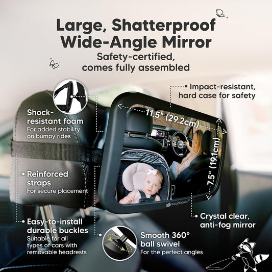 Baby Car Seat Mirror, Wide View, Shatterproof (Matte Black)