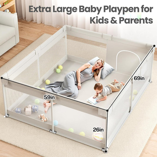Extra Large Baby Playpen - Playpen for Babies and Toddlers, Play Pen with Gate, Play Yard Baby Fence Play Area Zone Indoor, Sturdy Kids Play Pin (Gray, 69×59in)