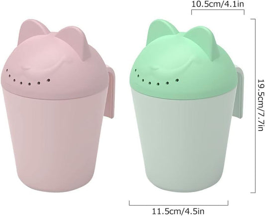 Control The Flow Baby Rinse Cup Cute Cartoon Cat Baby Rinser to Wash Hair and Body Pail Shampoo Rinser Rinser-Cup for Bath Time with Easy Grip Handle and 7 Water Outlets Green